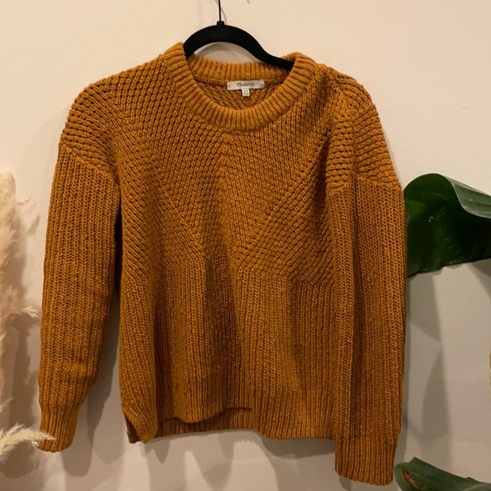 Madewell knit sweater. The color is more golden honey than brown.